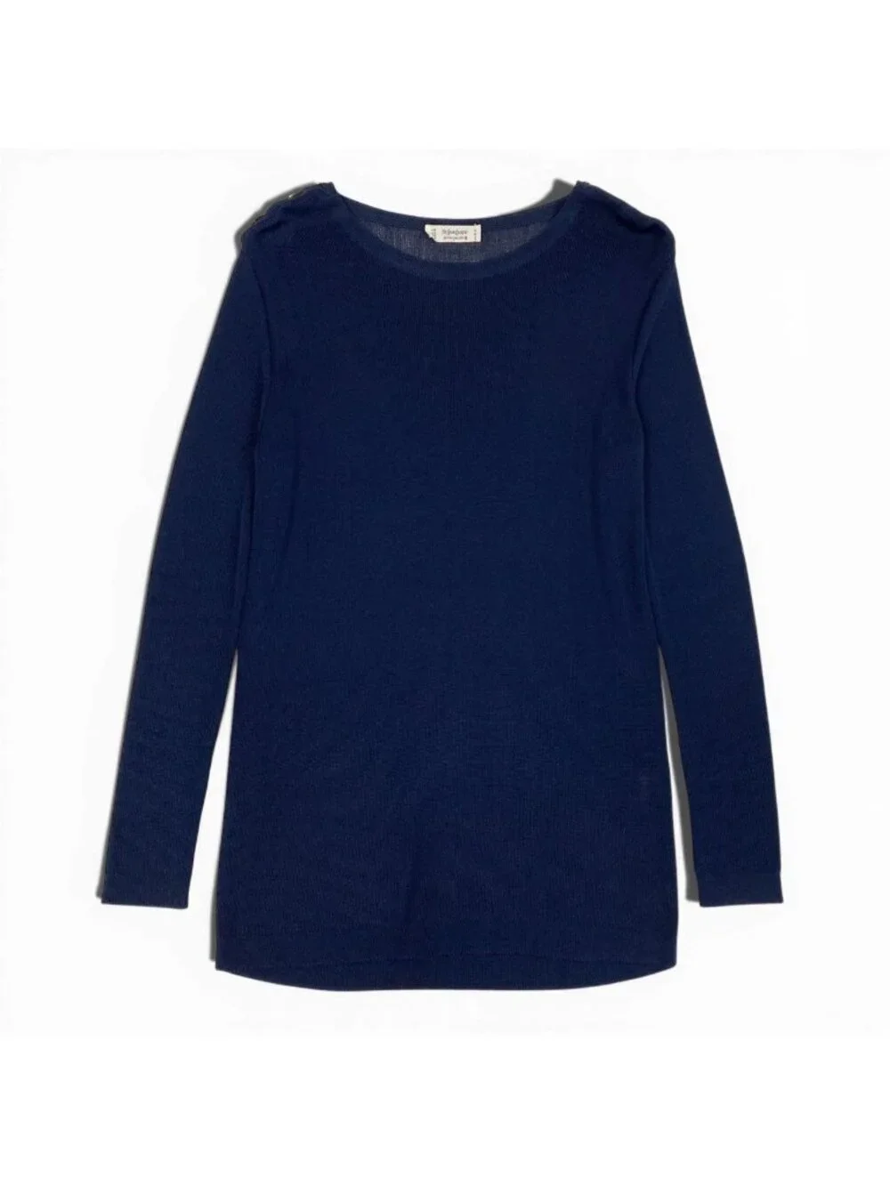 Saint Laurent Rive Gauche Rib Long Sleeve Knit Gold Button Navy Rayon Sweater